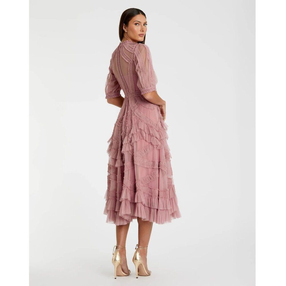 Anthropologie‎ Mac Duggal 8058 Pink High Neck Micro Ruffle Tiered Midi Dress - Picture 6 of 6